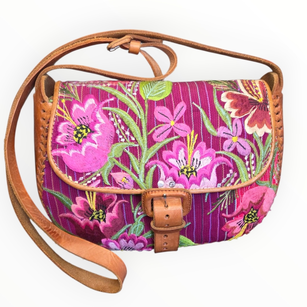Floral Embroidered Woven Fabric Crossbody Bag- Pink and Tan Genuine Leather Boho